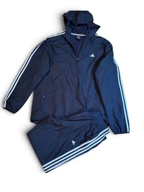 adidas Navy Hooded Tracksuit w/White Three-Stripes & Logos/Pockets Top & Bot/EUC
